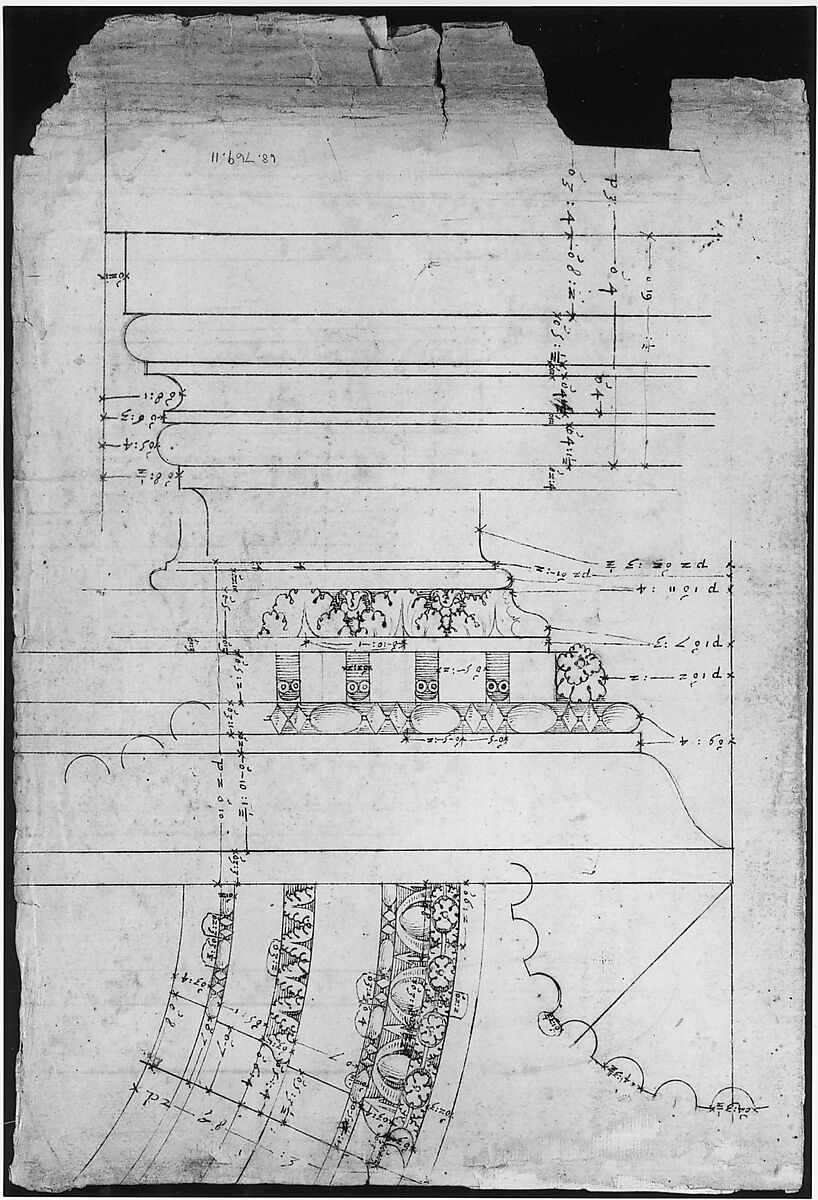 Arch of Septimius Severus, entablature, elevation; attic, base, elevation (recto) Arch of Septimius Severus, archivolt, elevation; impost, elevation; entablature, elevation; column base, elevation; column, plan (verso), Drawn by Anonymous, French, 16th century, Dark brown ink, black chalk, and incised lines
