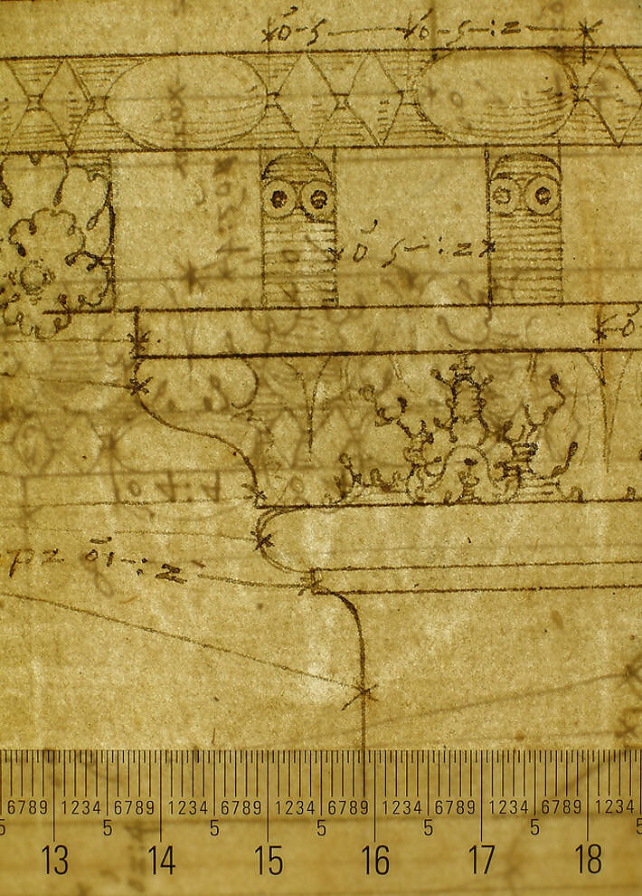 Arch of Septimius Severus, entablature, elevation; attic, base, elevation (recto) Arch of Septimius Severus, archivolt, elevation; impost, elevation; entablature, elevation; column base, elevation; column, plan (verso), Drawn by Anonymous, French, 16th century, Dark brown ink, black chalk, and incised lines