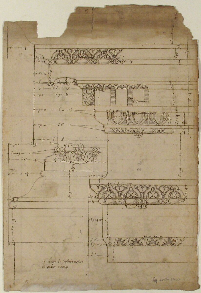 Arch of Septimius Severus, entablature, elevation; attic, base, elevation (recto) Arch of Septimius Severus, archivolt, elevation; impost, elevation; entablature, elevation; column base, elevation; column, plan (verso), Drawn by Anonymous, French, 16th century, Dark brown ink, black chalk, and incised lines