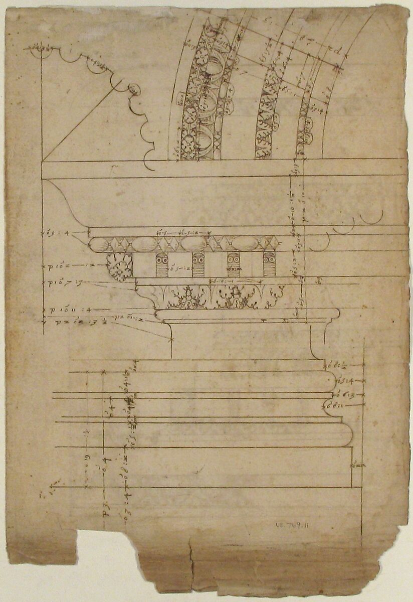 Arch of Septimius Severus, entablature, elevation; attic, base, elevation (recto) Arch of Septimius Severus, archivolt, elevation; impost, elevation; entablature, elevation; column base, elevation; column, plan (verso), Drawn by Anonymous, French, 16th century, Dark brown ink, black chalk, and incised lines