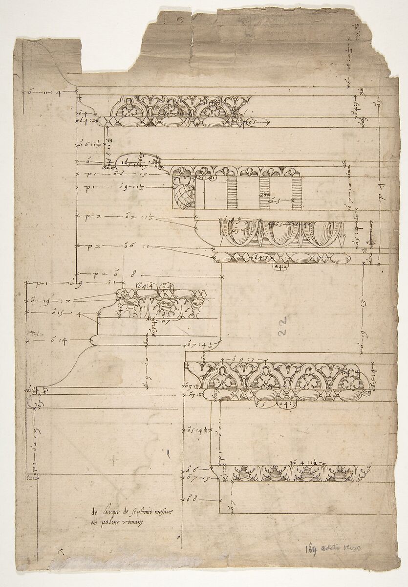 Arch of Septimius Severus, entablature, elevation; attic, base, elevation (recto) Arch of Septimius Severus, archivolt, elevation; impost, elevation; entablature, elevation; column base, elevation; column, plan (verso), Anonymous, French, 16th century  French, Dark brown ink, black chalk, and incised lines