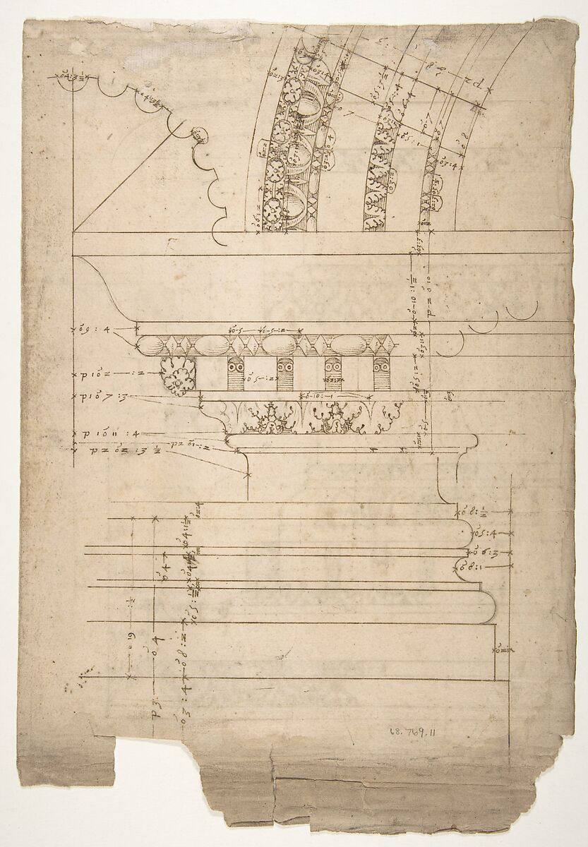 Arch of Septimius Severus, entablature, elevation; attic, base, elevation (recto) Arch of Septimius Severus, archivolt, elevation; impost, elevation; entablature, elevation; column base, elevation; column, plan (verso), Drawn by Anonymous, French, 16th century, Dark brown ink, black chalk, and incised lines