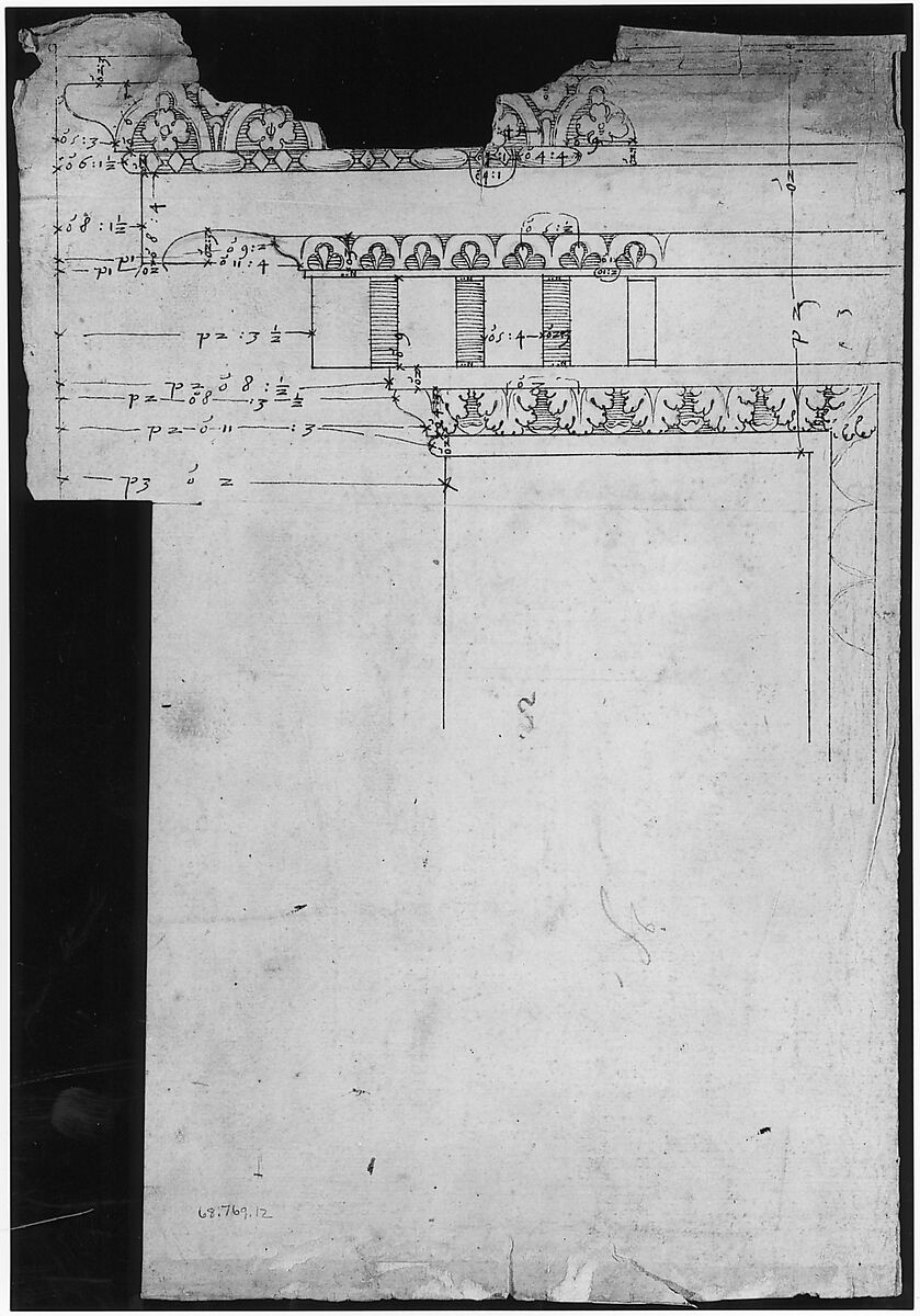 Arch of Septimius Severus, ornamental cornice and pilaster (recto) Arch of Septimius Severus, cornice with ornamental frame moulding (verso), Drawn by Anonymous, French, 16th century, Dark brown ink, black chalk, and incised lines