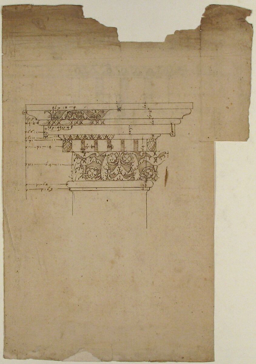 Arch of Septimius Severus, ornamental cornice and pilaster (recto) Arch of Septimius Severus, cornice with ornamental frame moulding (verso), Drawn by Anonymous, French, 16th century, Dark brown ink, black chalk, and incised lines