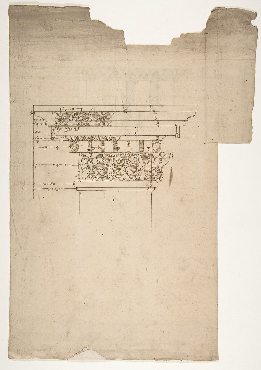Arch of Septimius Severus, ornamental cornice and pilaster (recto) Arch of Septimius Severus, cornice with ornamental frame moulding (verso), Drawn by Anonymous, French, 16th century, Dark brown ink, black chalk, and incised lines 