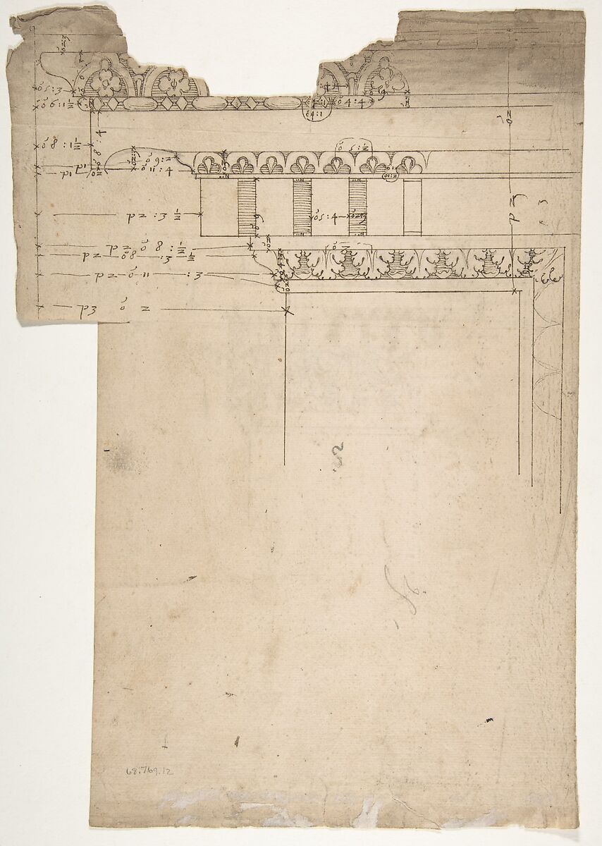 Arch of Septimius Severus, ornamental cornice and pilaster (recto) Arch of Septimius Severus, cornice with ornamental frame moulding (verso), Drawn by Anonymous, French, 16th century, Dark brown ink, black chalk, and incised lines
