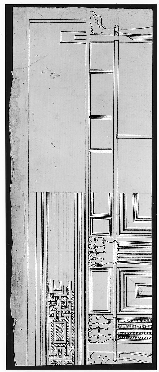 Unidentified building, elevation and section elevation (recto) Corinthian column base, elevation (verso), Drawn by Anonymous, French, 16th century, Dark brown ink, black chalk, and incised lines