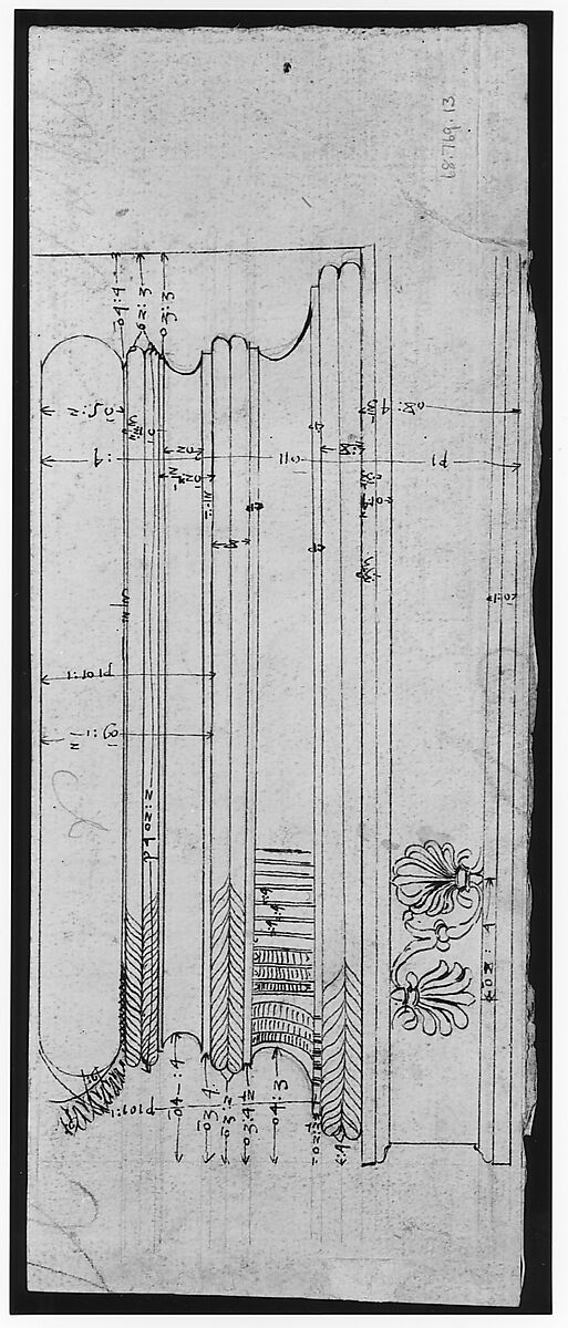 Unidentified building, elevation and section elevation (recto) Corinthian column base, elevation (verso), Drawn by Anonymous, French, 16th century, Dark brown ink, black chalk, and incised lines
