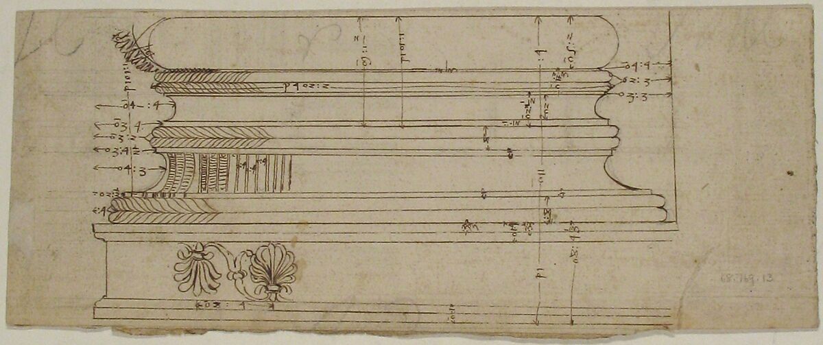 Unidentified building, elevation and section elevation (recto) Corinthian column base, elevation (verso), Drawn by Anonymous, French, 16th century, Dark brown ink, black chalk, and incised lines