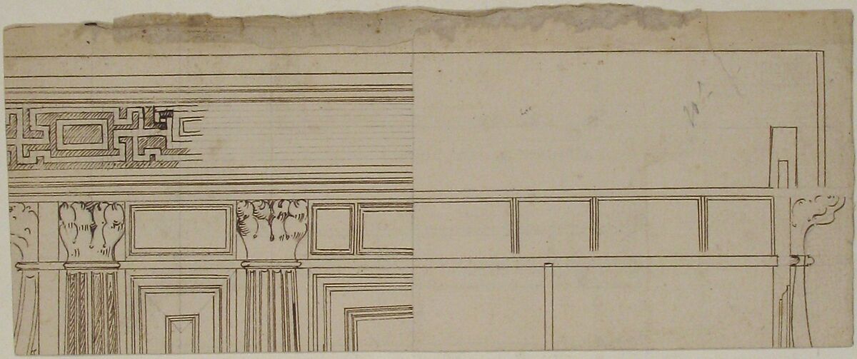 Unidentified building, elevation and section elevation (recto) Corinthian column base, elevation (verso), Drawn by Anonymous, French, 16th century, Dark brown ink, black chalk, and incised lines