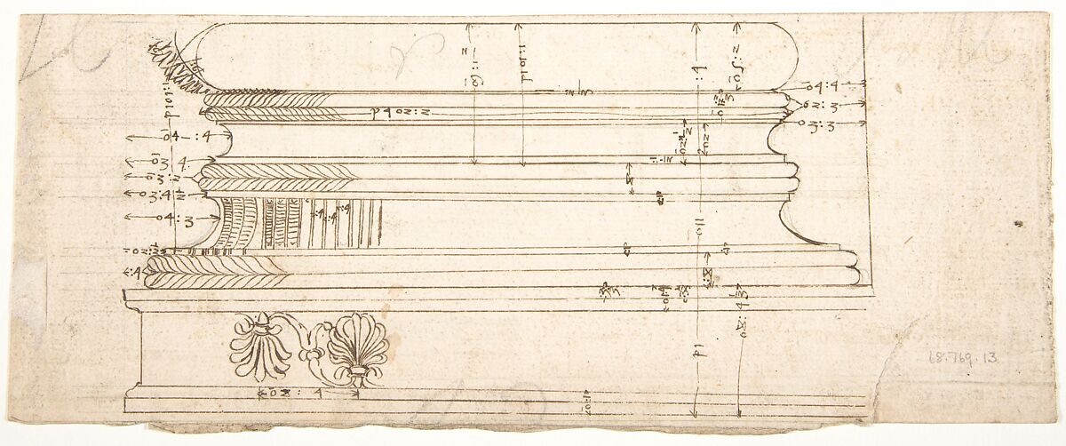 Unidentified building, elevation and section elevation (recto) Corinthian column base, elevation (verso), Drawn by Anonymous, French, 16th century, Dark brown ink, black chalk, and incised lines