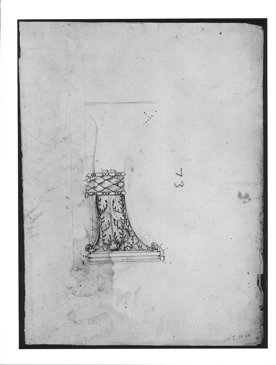 S. Maria in Trastevere, Ionic capital, side elevation (recto); Unidentified, Ionic capital volute, construction diagram (verso), Drawn by Anonymous, French, 16th century, Dark brown ink, black chalk, and incised lines