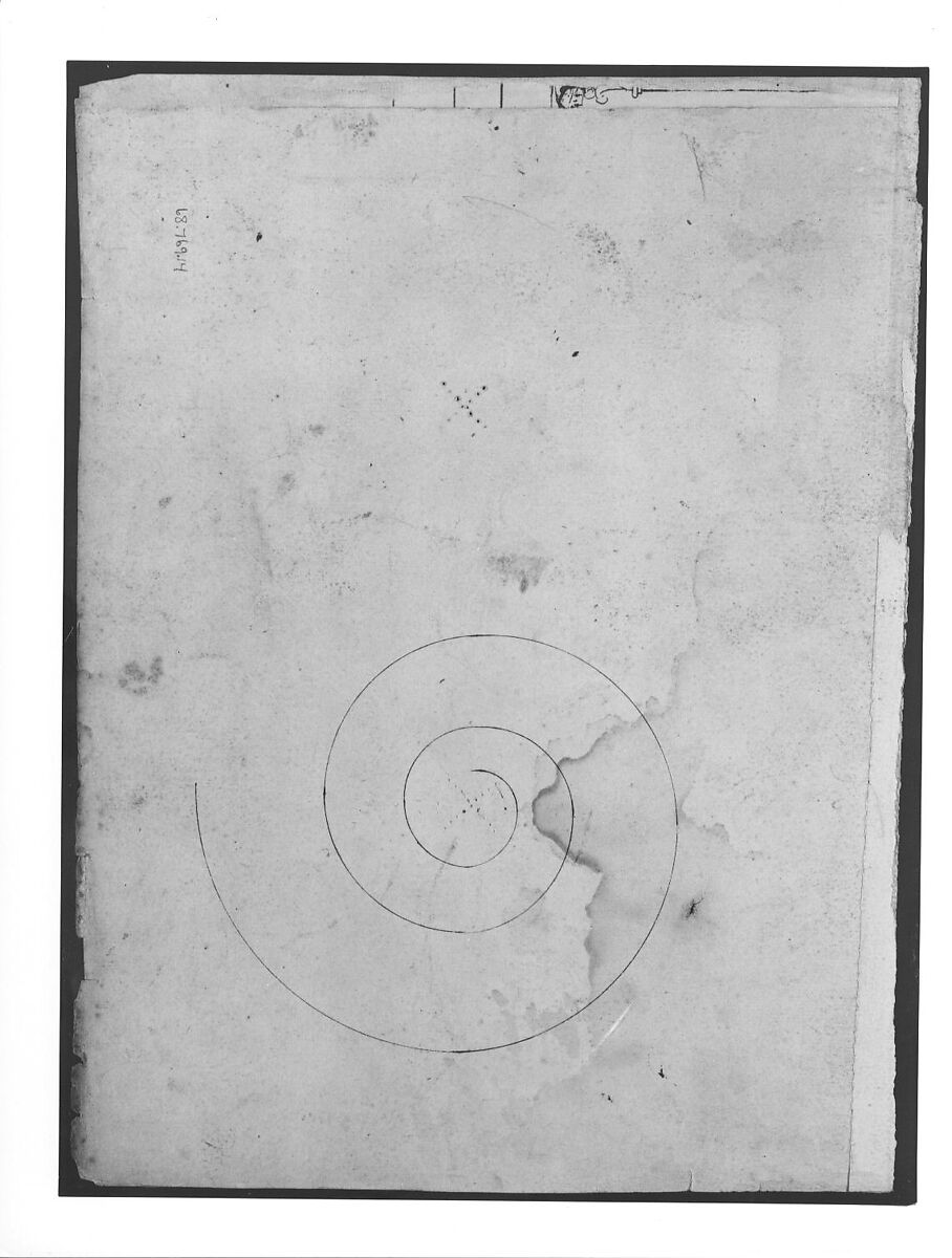 S. Maria in Trastevere, Ionic capital, side elevation (recto); Unidentified, Ionic capital volute, construction diagram (verso), Drawn by Anonymous, French, 16th century, Dark brown ink, black chalk, and incised lines