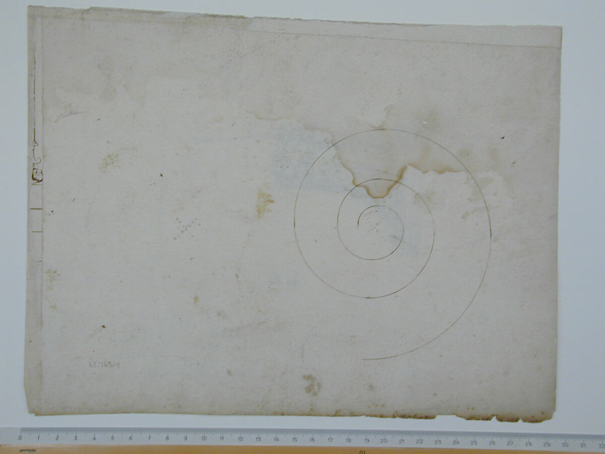S. Maria in Trastevere, Ionic capital, side elevation (recto); Unidentified, Ionic capital volute, construction diagram (verso), Drawn by Anonymous, French, 16th century, Dark brown ink, black chalk, and incised lines
