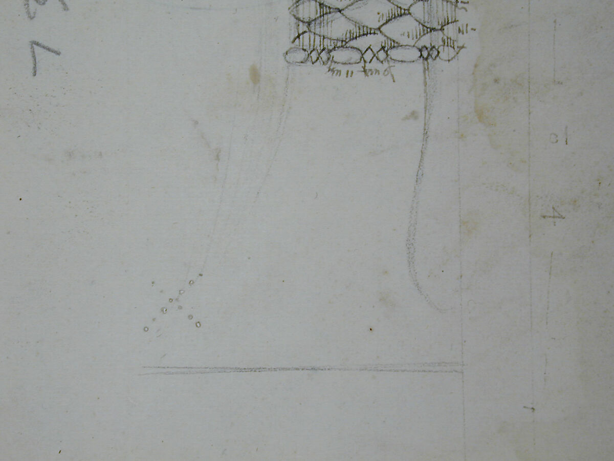 S. Maria in Trastevere, Ionic capital, side elevation (recto); Unidentified, Ionic capital volute, construction diagram (verso), Drawn by Anonymous, French, 16th century, Dark brown ink, black chalk, and incised lines
