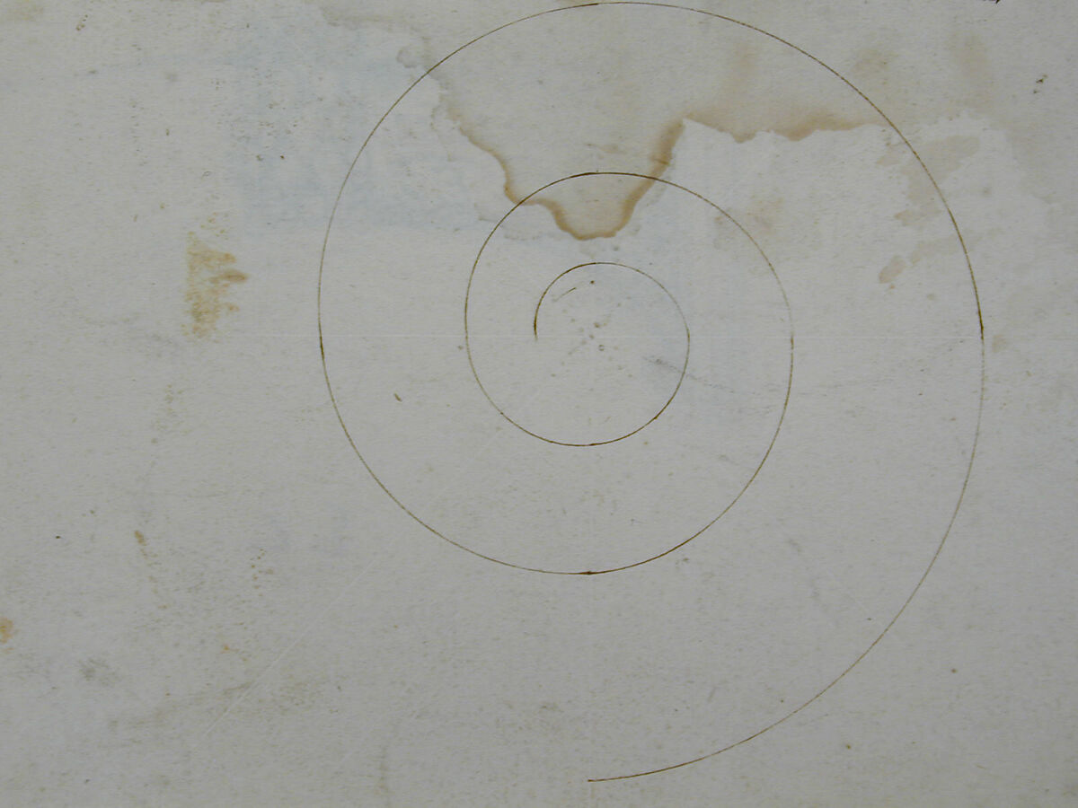 S. Maria in Trastevere, Ionic capital, side elevation (recto); Unidentified, Ionic capital volute, construction diagram (verso), Drawn by Anonymous, French, 16th century, Dark brown ink, black chalk, and incised lines