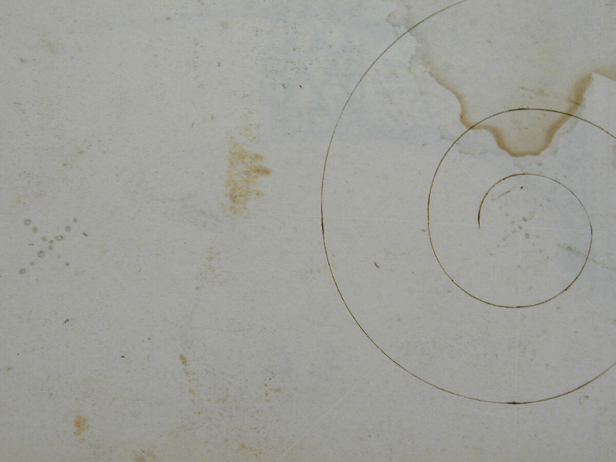 S. Maria in Trastevere, Ionic capital, side elevation (recto); Unidentified, Ionic capital volute, construction diagram (verso), Drawn by Anonymous, French, 16th century, Dark brown ink, black chalk, and incised lines