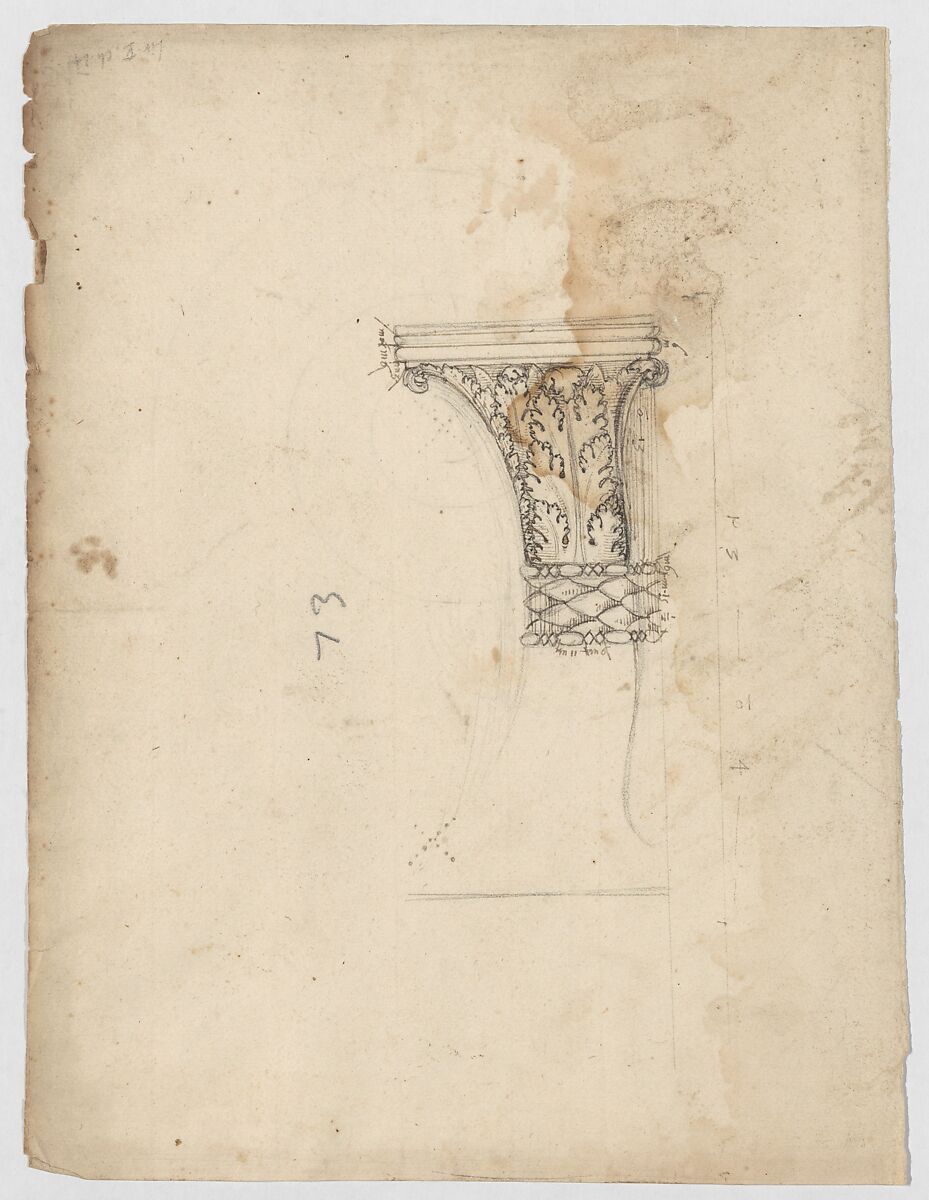 S. Maria in Trastevere, Ionic capital, side elevation (recto); Unidentified, Ionic capital volute, construction diagram (verso), Drawn by Anonymous, French, 16th century, Dark brown ink, black chalk, and incised lines 