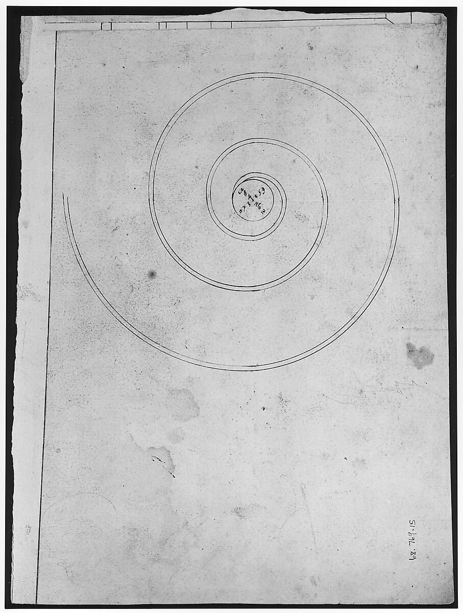S. Maria in Trastevere, Ionic capital, volute, side elevation (recto) Unidentified, Ionic capital volute, construction diagram (verso), Drawn by Anonymous, French, 16th century, Dark brown ink, black chalk, and incised lines