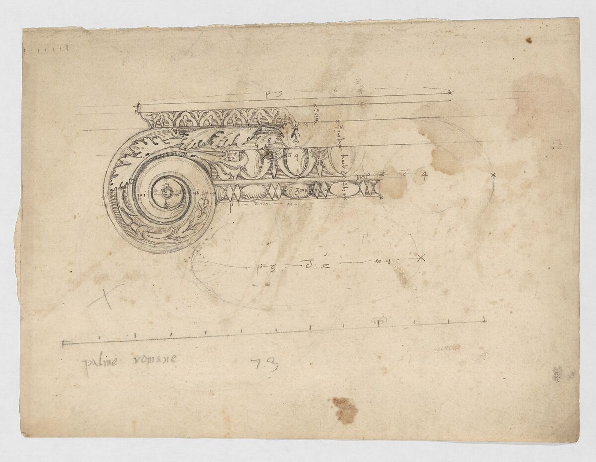 S. Maria in Trastevere, Ionic capital, volute, side elevation (recto) Unidentified, Ionic capital volute, construction diagram (verso), Drawn by Anonymous, French, 16th century, Dark brown ink, black chalk, and incised lines 