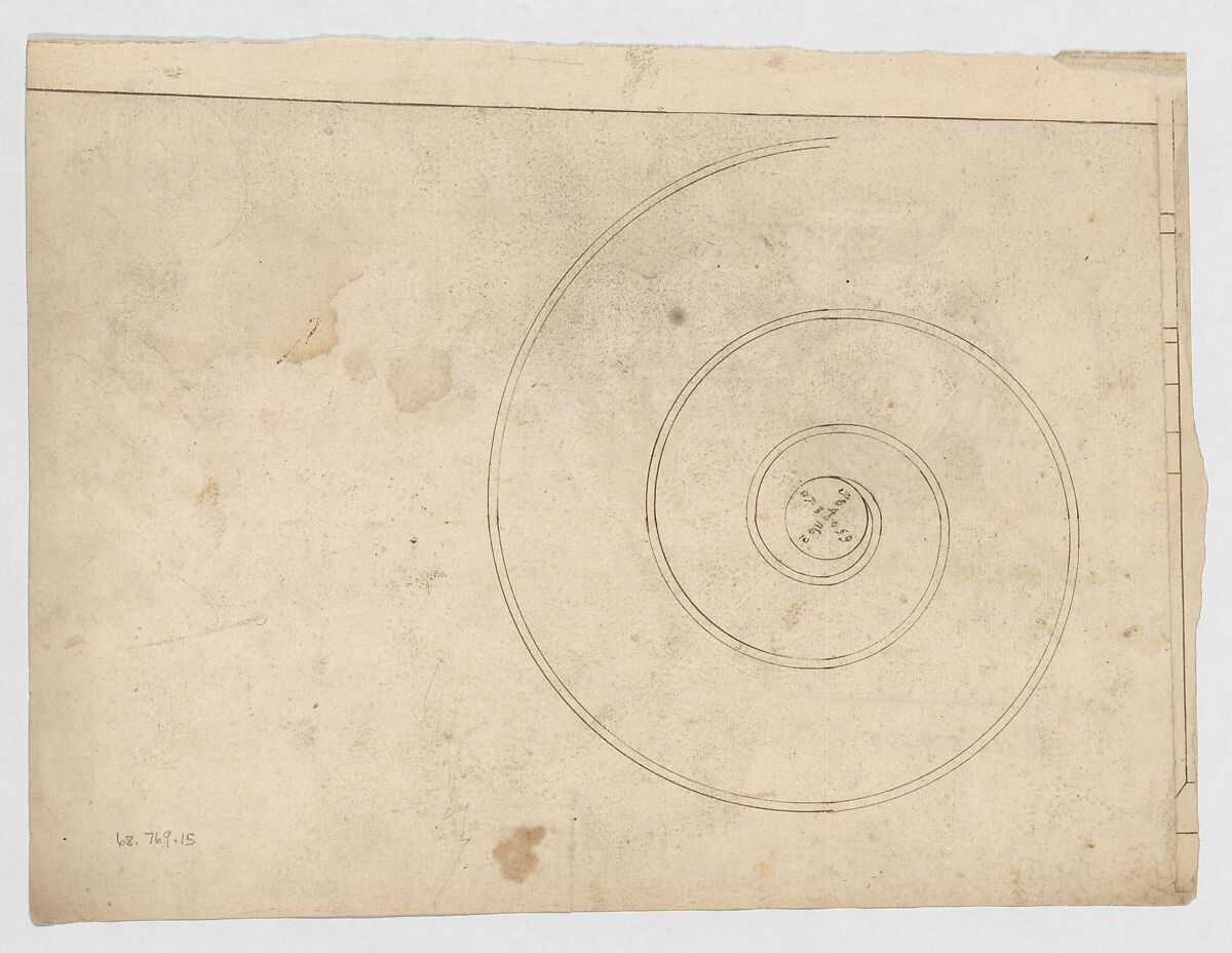 S. Maria in Trastevere, Ionic capital, volute, side elevation (recto) Unidentified, Ionic capital volute, construction diagram (verso), Drawn by Anonymous, French, 16th century, Dark brown ink, black chalk, and incised lines