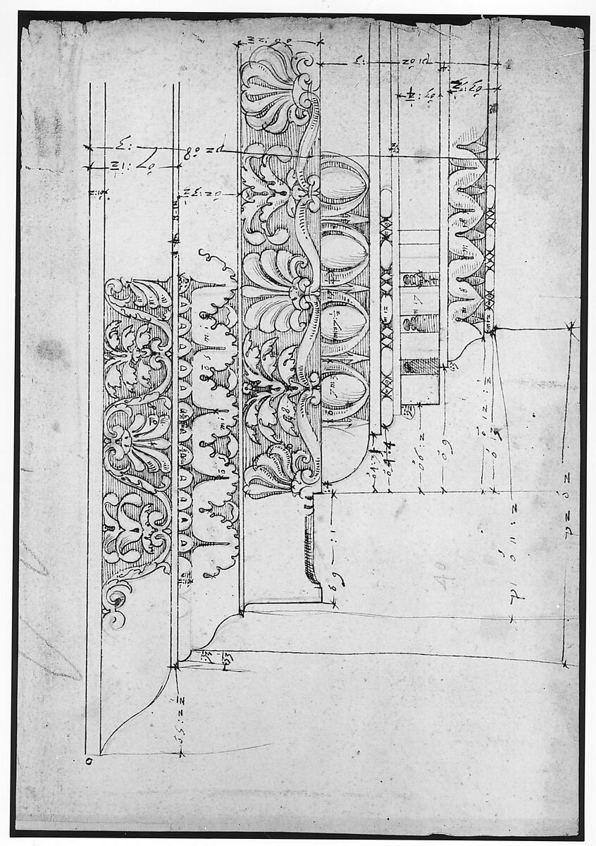 Domus Augustiana, cornice, elevation in profile, ornamental detailing (recto) Unidentified, cornice, elevation in profile, ornamental detailing (verso), Drawn by Anonymous, French, 16th century, Dark brown ink, black chalk, and incised lines