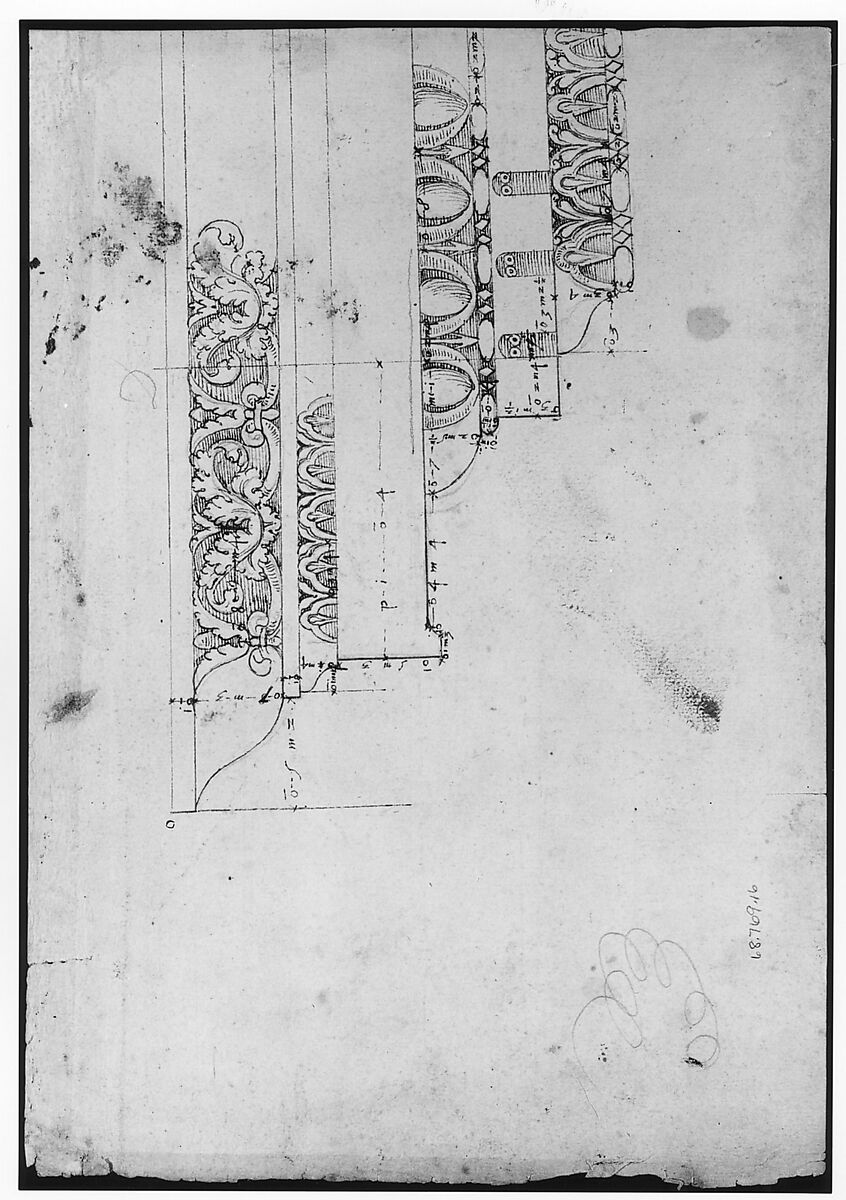 Domus Augustiana, cornice, elevation in profile, ornamental detailing (recto) Unidentified, cornice, elevation in profile, ornamental detailing (verso), Drawn by Anonymous, French, 16th century, Dark brown ink, black chalk, and incised lines