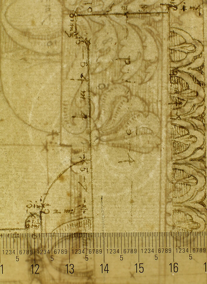 Domus Augustiana, cornice, elevation in profile, ornamental detailing (recto) Unidentified, cornice, elevation in profile, ornamental detailing (verso), Drawn by Anonymous, French, 16th century, Dark brown ink, black chalk, and incised lines