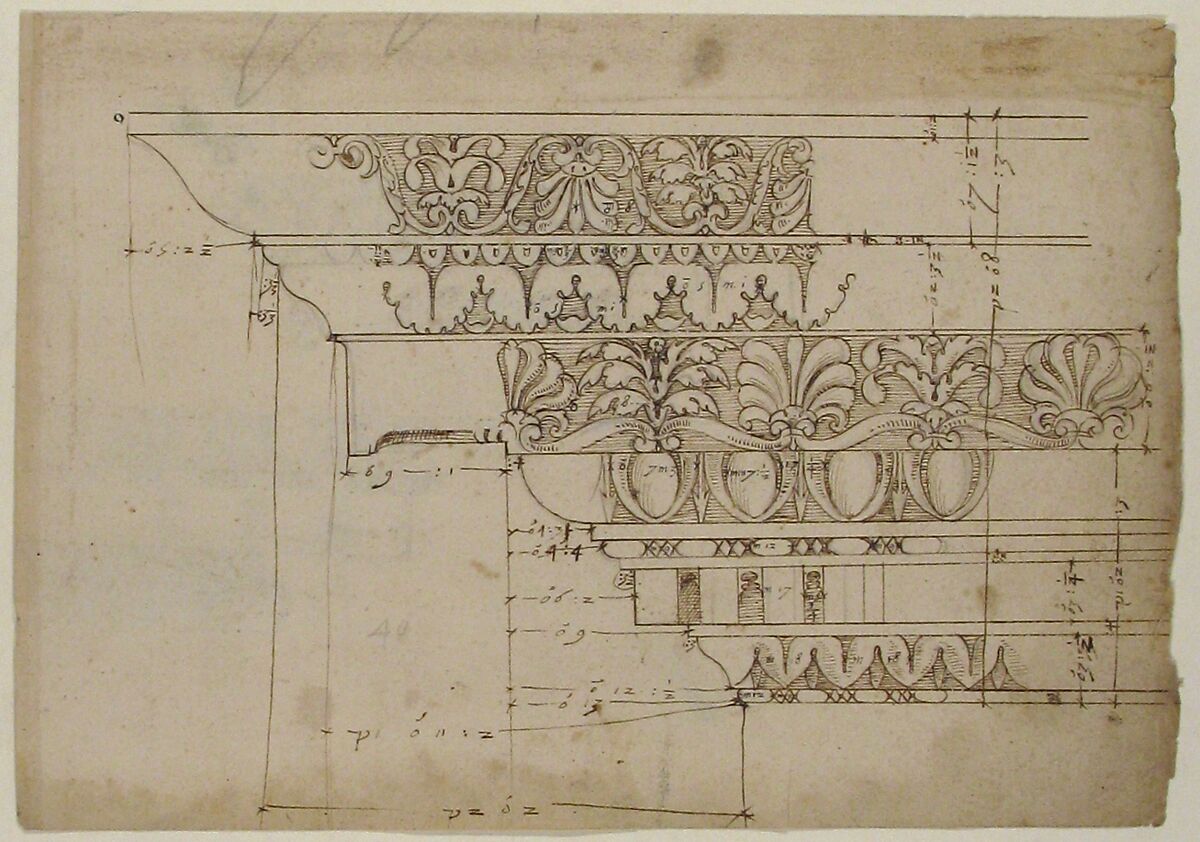 Domus Augustiana, cornice, elevation in profile, ornamental detailing (recto) Unidentified, cornice, elevation in profile, ornamental detailing (verso), Drawn by Anonymous, French, 16th century, Dark brown ink, black chalk, and incised lines