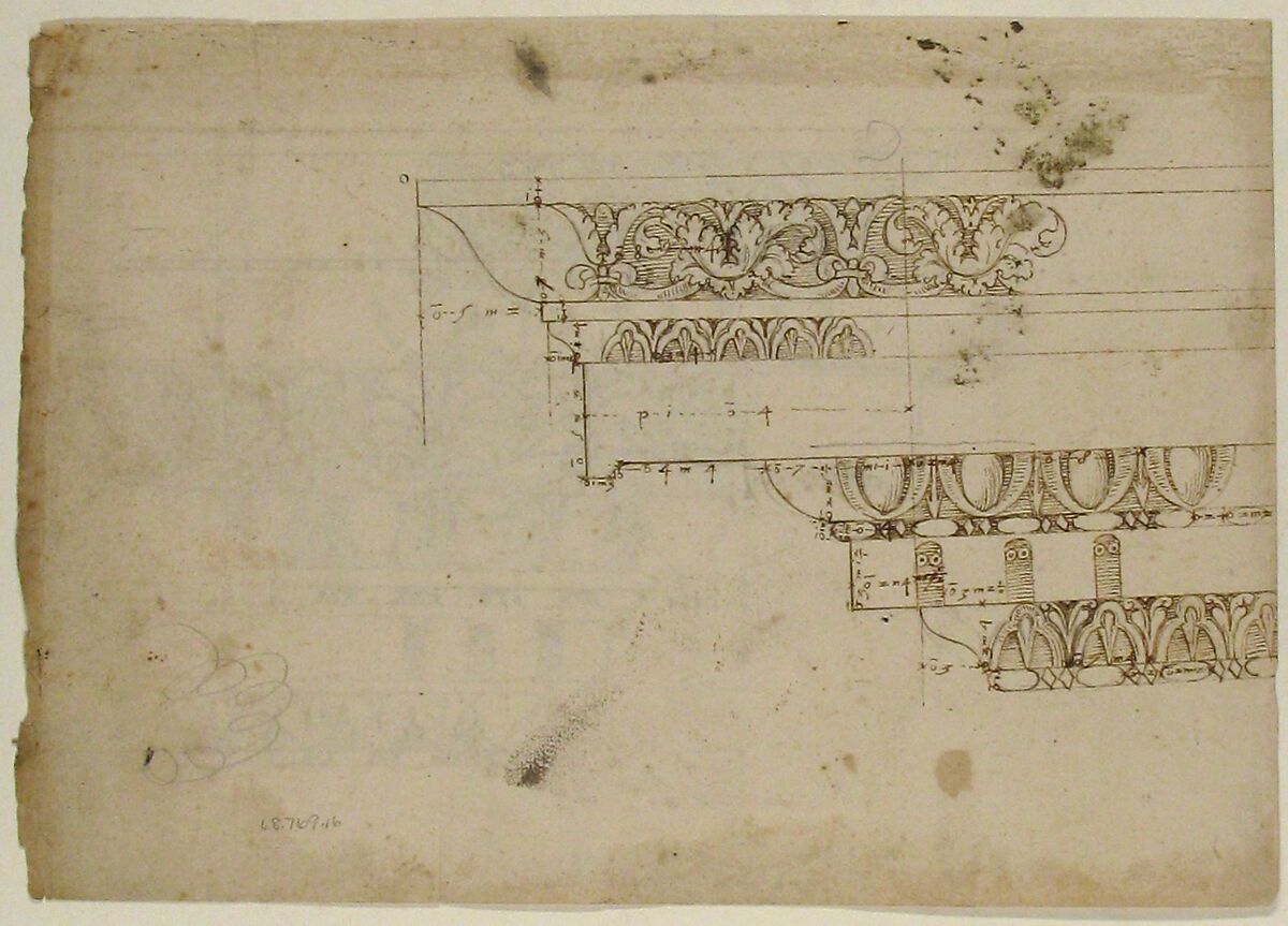 Domus Augustiana, cornice, elevation in profile, ornamental detailing (recto) Unidentified, cornice, elevation in profile, ornamental detailing (verso), Drawn by Anonymous, French, 16th century, Dark brown ink, black chalk, and incised lines