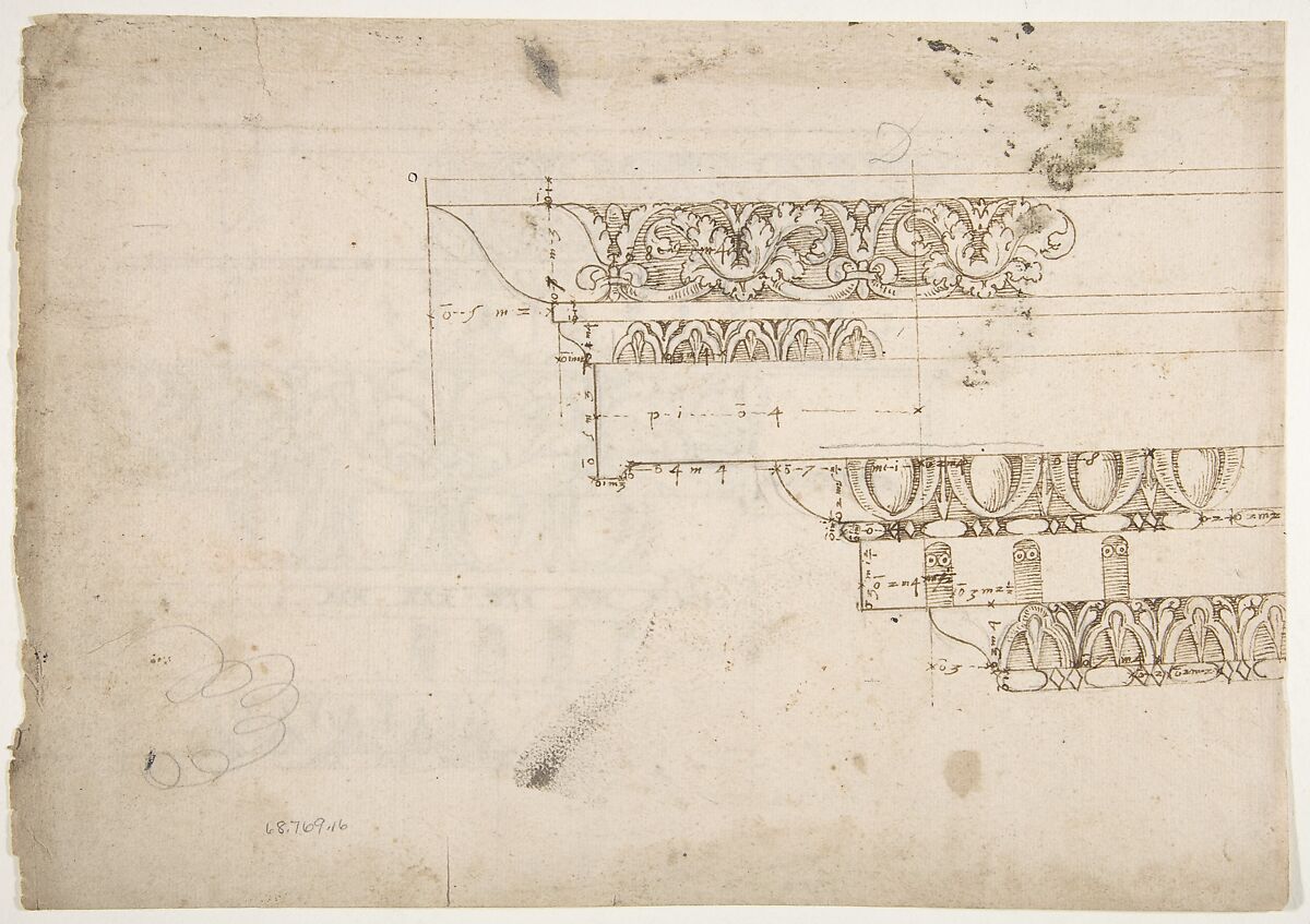 Domus Augustiana, cornice, elevation in profile, ornamental detailing (recto) Unidentified, cornice, elevation in profile, ornamental detailing (verso), Drawn by Anonymous, French, 16th century, Dark brown ink, black chalk, and incised lines