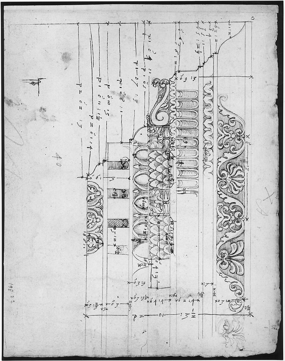 Arch of Camigliano, cornice, elevation in profile, ornamental detailing (recto) Unidentified, Doric capital; Arch of Camigliano, cornice, profile, sketch (verso), Drawn by Anonymous, French, 16th century, Dark brown ink, black chalk, and incised lines