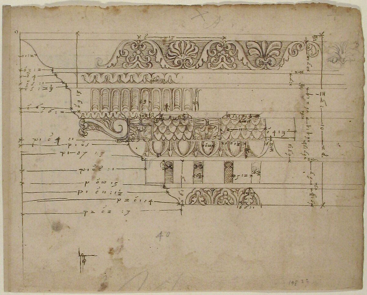Arch of Camigliano, cornice, elevation in profile, ornamental detailing (recto) Unidentified, Doric capital; Arch of Camigliano, cornice, profile, sketch (verso), Drawn by Anonymous, French, 16th century, Dark brown ink, black chalk, and incised lines