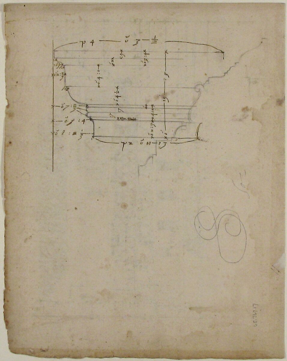 Arch of Camigliano, cornice, elevation in profile, ornamental detailing (recto) Unidentified, Doric capital; Arch of Camigliano, cornice, profile, sketch (verso), Drawn by Anonymous, French, 16th century, Dark brown ink, black chalk, and incised lines