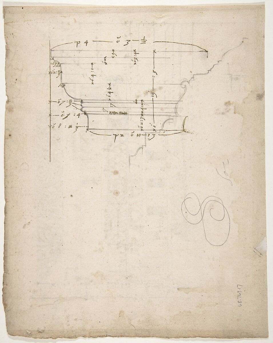 Arch of Camigliano, cornice, elevation in profile, ornamental detailing (recto) Unidentified, Doric capital; Arch of Camigliano, cornice, profile, sketch (verso), Drawn by Anonymous, French, 16th century, Dark brown ink, black chalk, and incised lines
