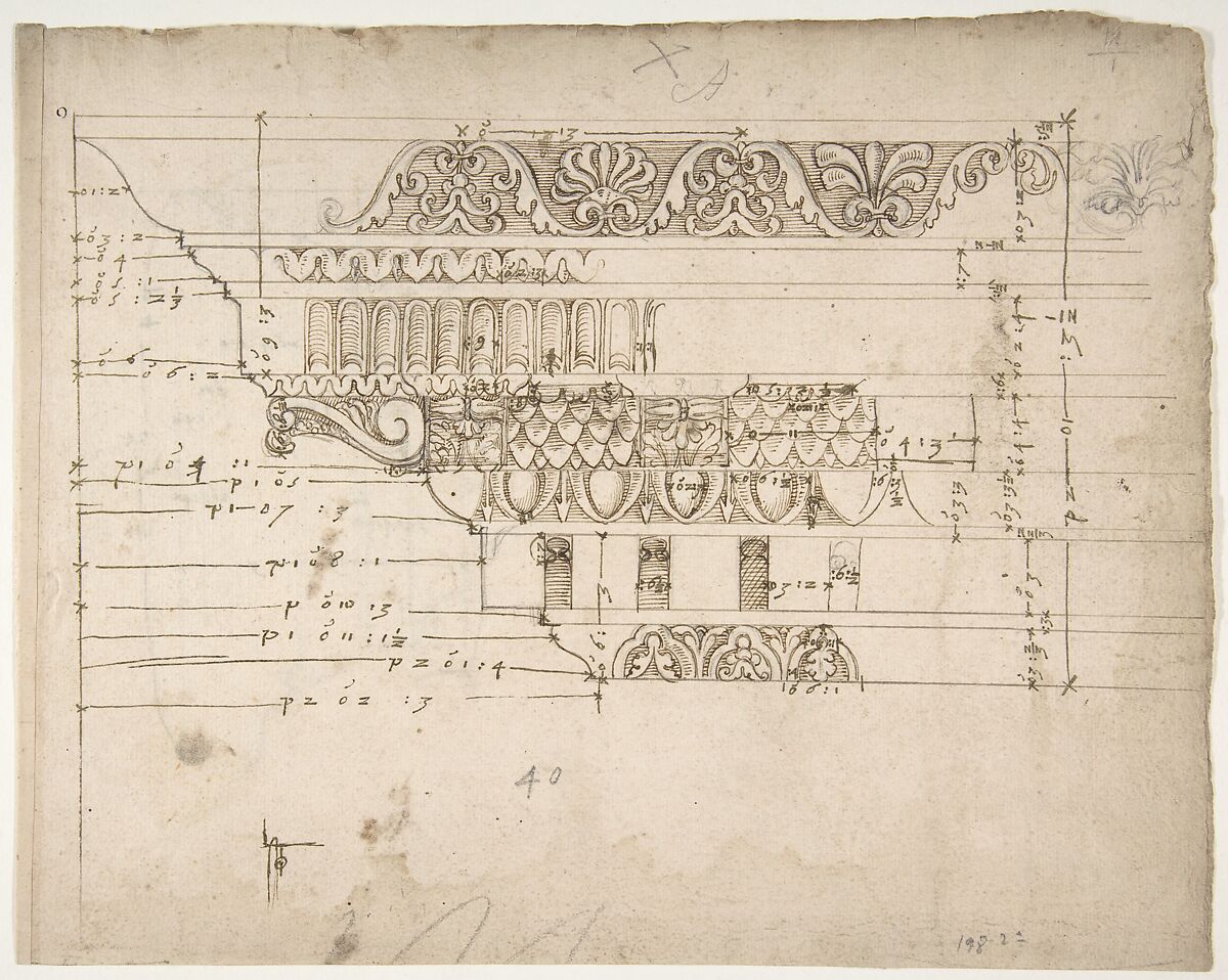 Arch of Camigliano, cornice, elevation in profile, ornamental detailing (recto) Unidentified, Doric capital; Arch of Camigliano, cornice, profile, sketch (verso), Drawn by Anonymous, French, 16th century, Dark brown ink, black chalk, and incised lines 