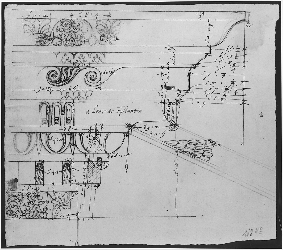 [Arch of Constantine], cornice, elevation in profile, ornamental detailing (recto) blank (verso), Drawn by Anonymous, French, 16th century, Dark brown ink, black chalk, and incised lines