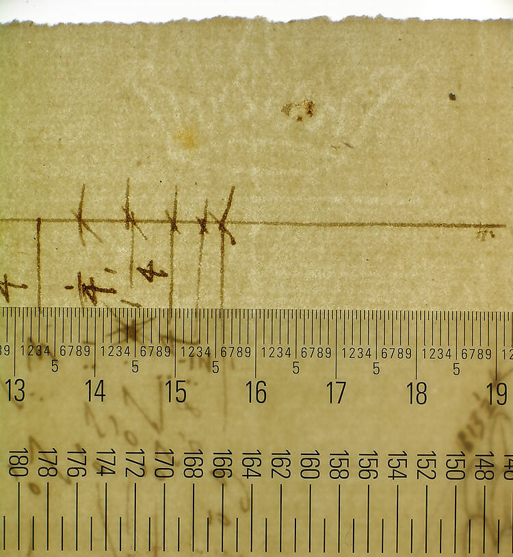 [Arch of Constantine], cornice, elevation in profile, ornamental detailing (recto) blank (verso), Drawn by Anonymous, French, 16th century, Dark brown ink, black chalk, and incised lines