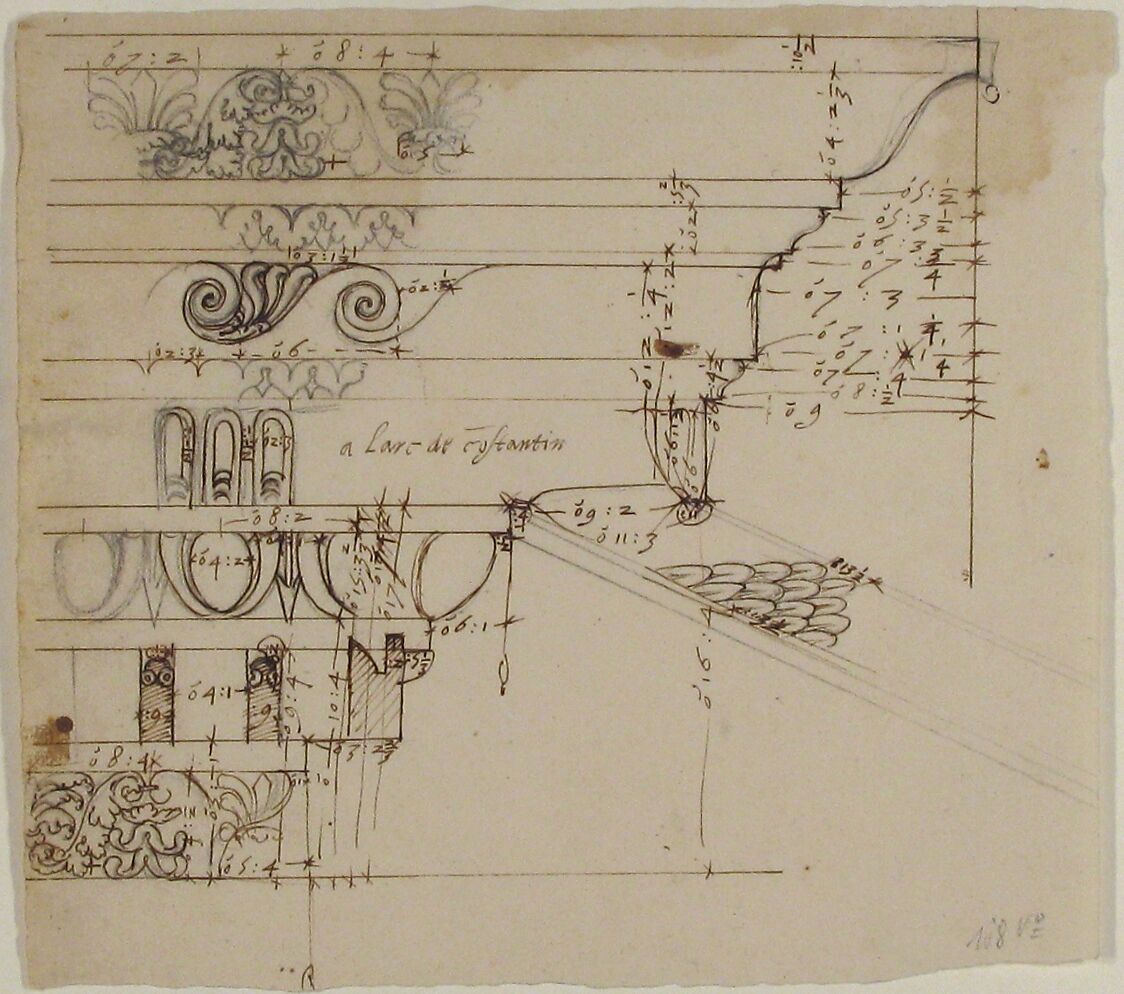 [Arch of Constantine], cornice, elevation in profile, ornamental detailing (recto) blank (verso), Drawn by Anonymous, French, 16th century, Dark brown ink, black chalk, and incised lines