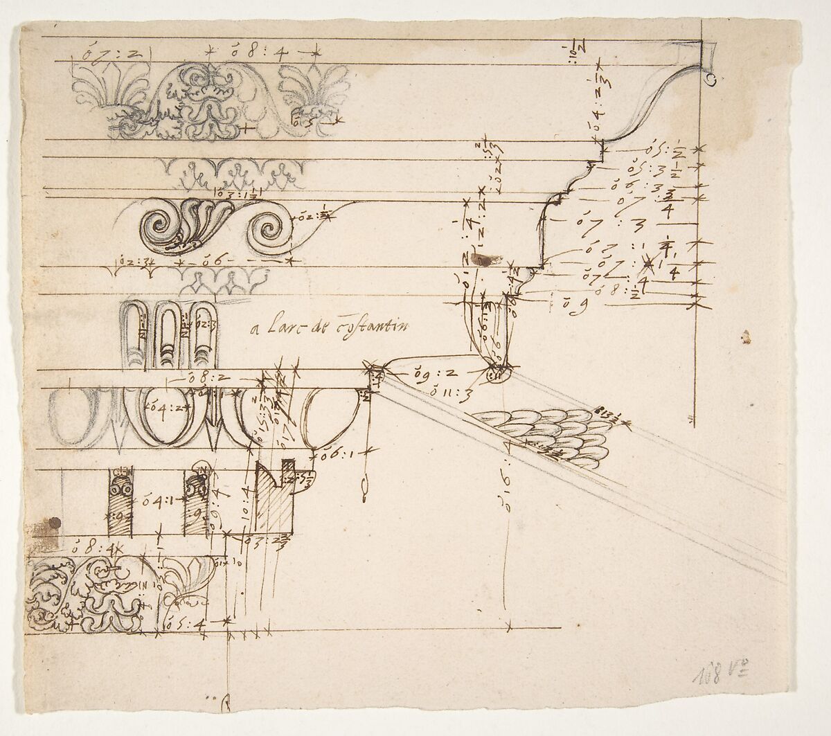 [Arch of Constantine], cornice, elevation in profile, ornamental detailing (recto) blank (verso), Anonymous, French, 16th century  French, Dark brown ink, black chalk, and incised lines