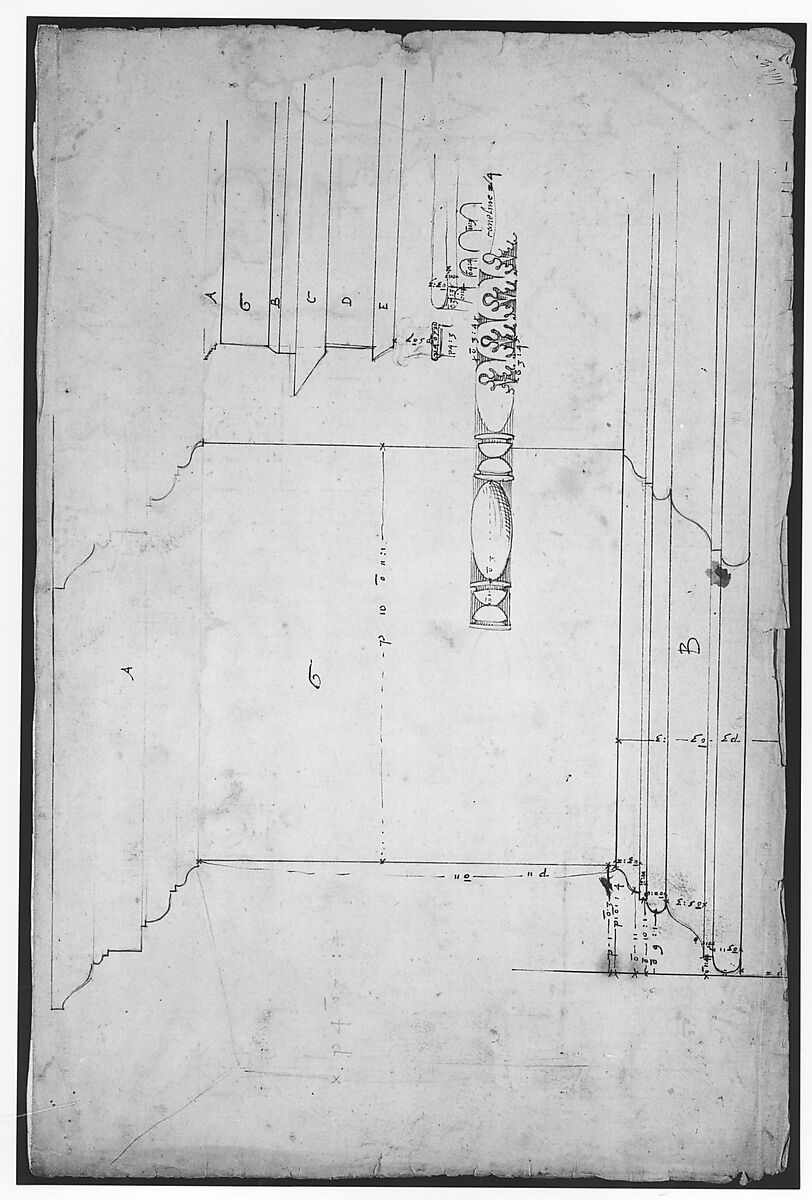 Forum of Nerva, colonnade, profiles of attic and entablature, architrave and column detail (recto) Arch of Constantine, plan (verso), Drawn by Anonymous, French, 16th century, Dark brown ink, black chalk, and incised lines