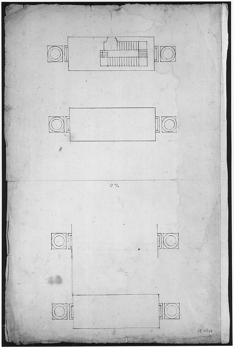Forum of Nerva, colonnade, profiles of attic and entablature, architrave and column detail (recto) Arch of Constantine, plan (verso), Drawn by Anonymous, French, 16th century, Dark brown ink, black chalk, and incised lines