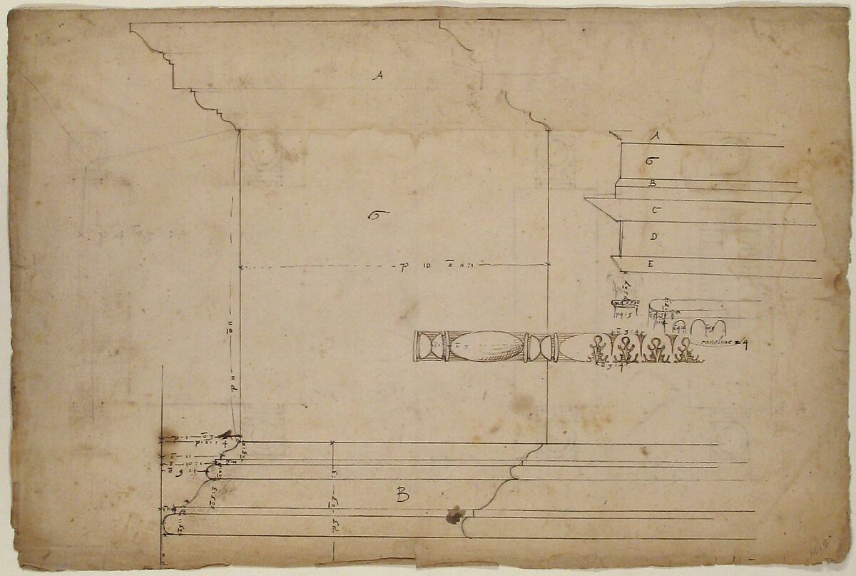 Forum of Nerva, colonnade, profiles of attic and entablature, architrave and column detail (recto) Arch of Constantine, plan (verso), Drawn by Anonymous, French, 16th century, Dark brown ink, black chalk, and incised lines