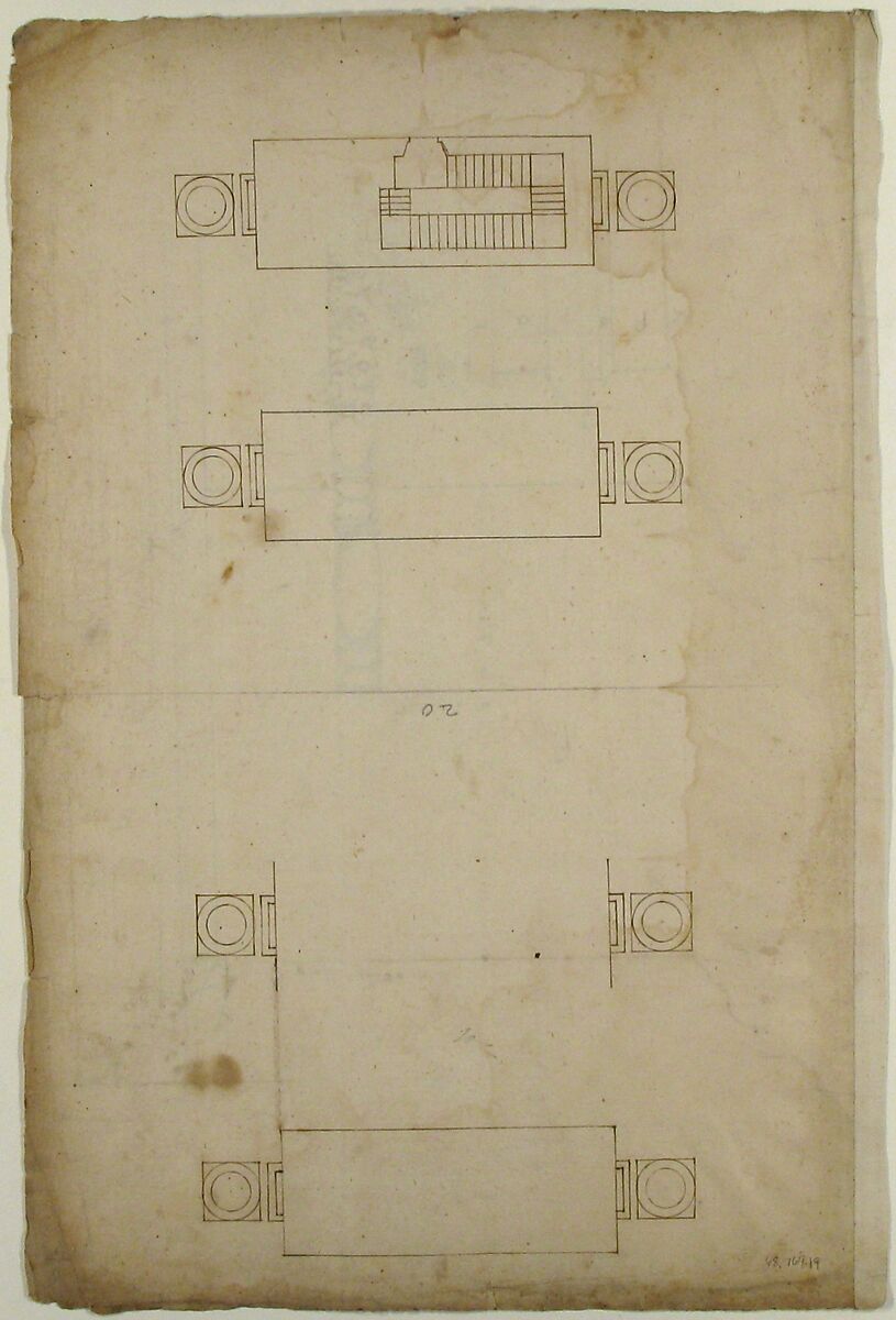 Forum of Nerva, colonnade, profiles of attic and entablature, architrave and column detail (recto) Arch of Constantine, plan (verso), Drawn by Anonymous, French, 16th century, Dark brown ink, black chalk, and incised lines