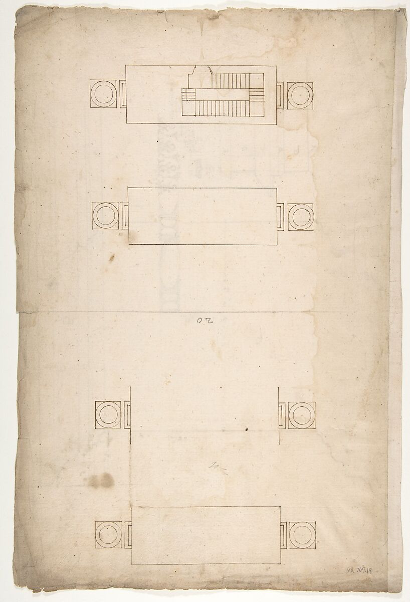 Forum of Nerva, colonnade, profiles of attic and entablature, architrave and column detail (recto) Arch of Constantine, plan (verso), Drawn by Anonymous, French, 16th century, Dark brown ink, black chalk, and incised lines