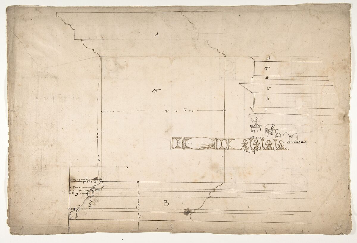 Forum of Nerva, colonnade, profiles of attic and entablature, architrave and column detail (recto) Arch of Constantine, plan (verso), Anonymous, French, 16th century  French, Dark brown ink, black chalk, and incised lines