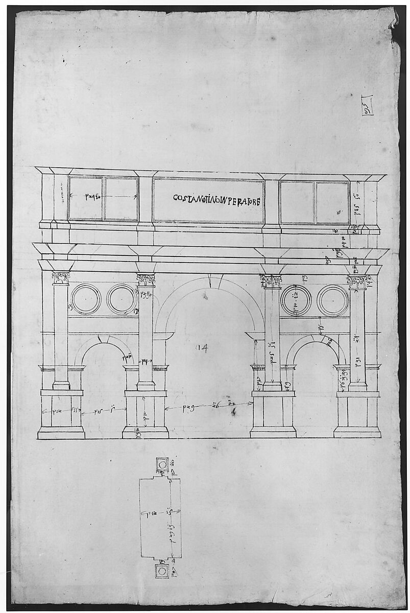 Arch of Constantine, elev, partial plan (recto) Arch of Constantine, profiles of base, shaft and entablature (verso), Drawn by Anonymous, French, 16th century, Dark brown ink, black chalk, and incised lines