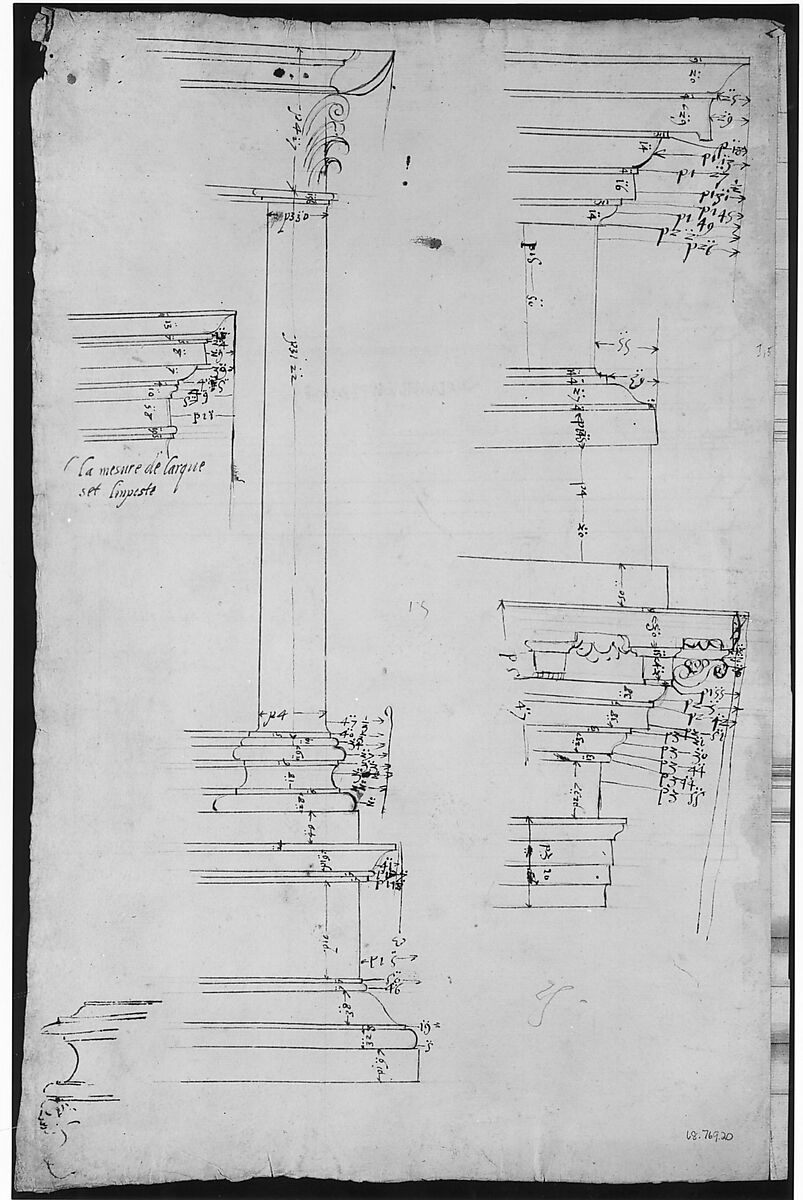 Arch of Constantine, elev, partial plan (recto) Arch of Constantine, profiles of base, shaft and entablature (verso), Drawn by Anonymous, French, 16th century, Dark brown ink, black chalk, and incised lines