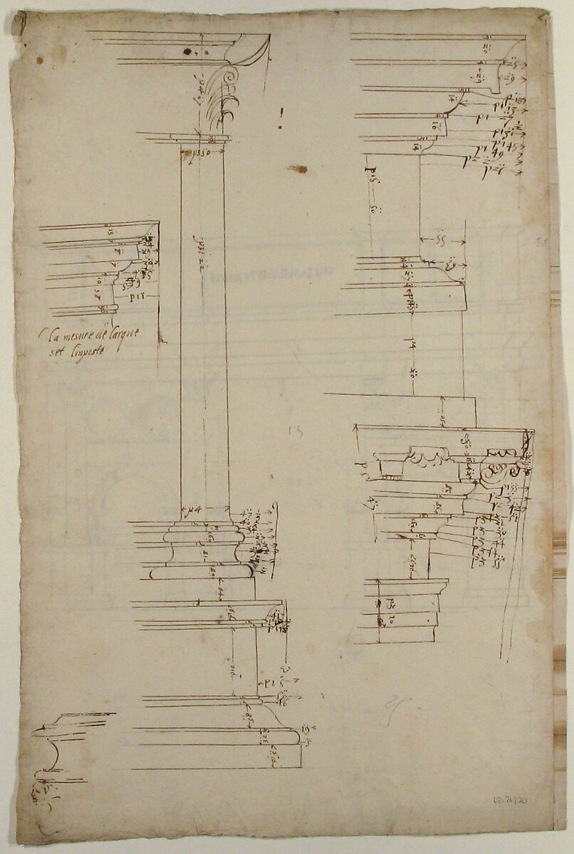 Arch of Constantine, elev, partial plan (recto) Arch of Constantine, profiles of base, shaft and entablature (verso), Drawn by Anonymous, French, 16th century, Dark brown ink, black chalk, and incised lines