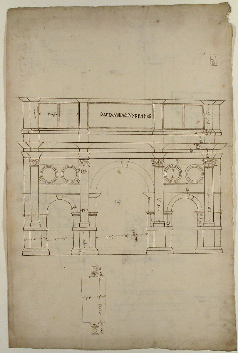 Arch of Constantine, elev, partial plan (recto) Arch of Constantine, profiles of base, shaft and entablature (verso), Drawn by Anonymous, French, 16th century, Dark brown ink, black chalk, and incised lines
